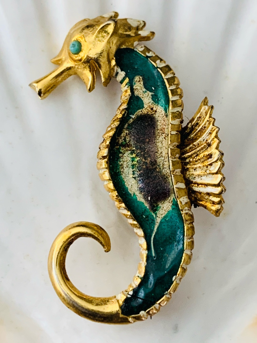 Green Enamel Golden Seahorse Dragon Brooch